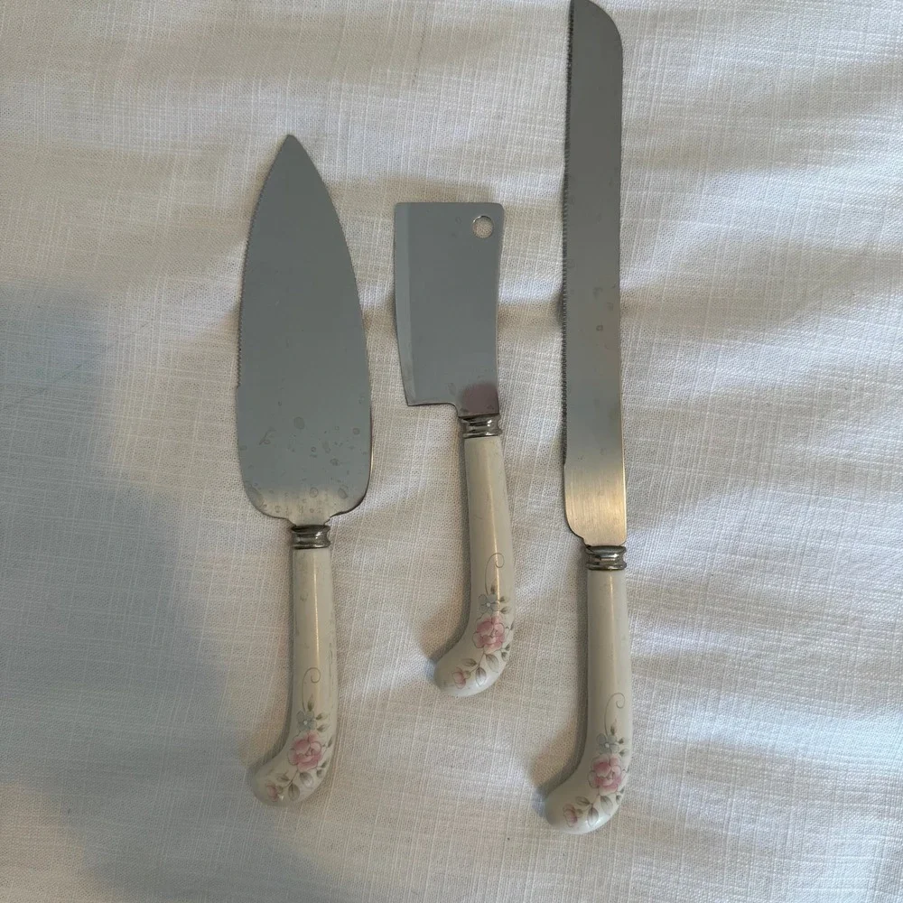 Vintage Sheffield England Floral Serving Set Cake Server Bread Knife Cleaver